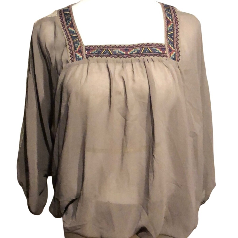 Flying Tomato Womens Taupe Embroidered‎ Square Neck Lace Sleeve Blouse IT5570 L